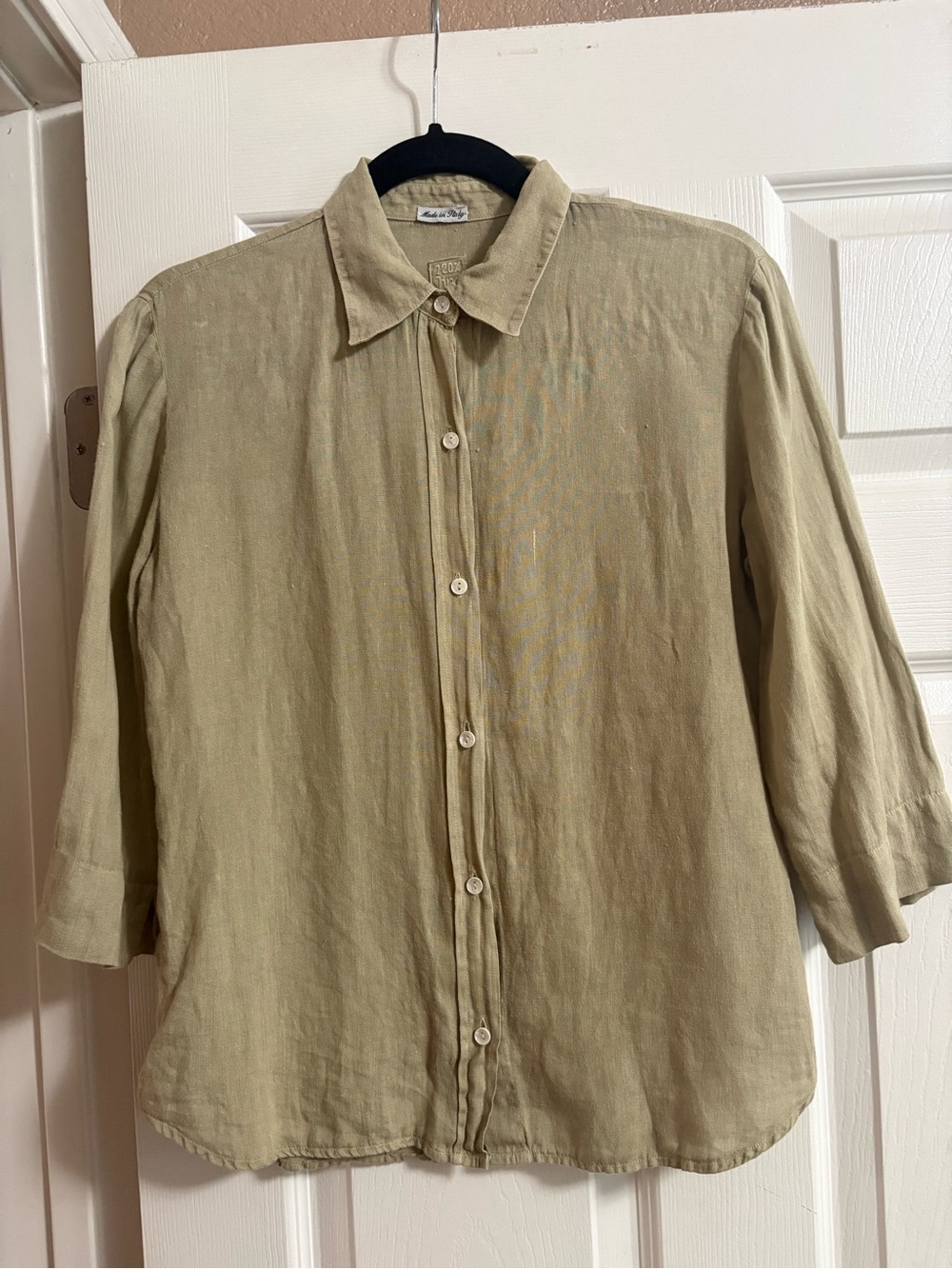 100% Linen Made in Italy button up blouse top tan quiet luxury VTG vintage XS
